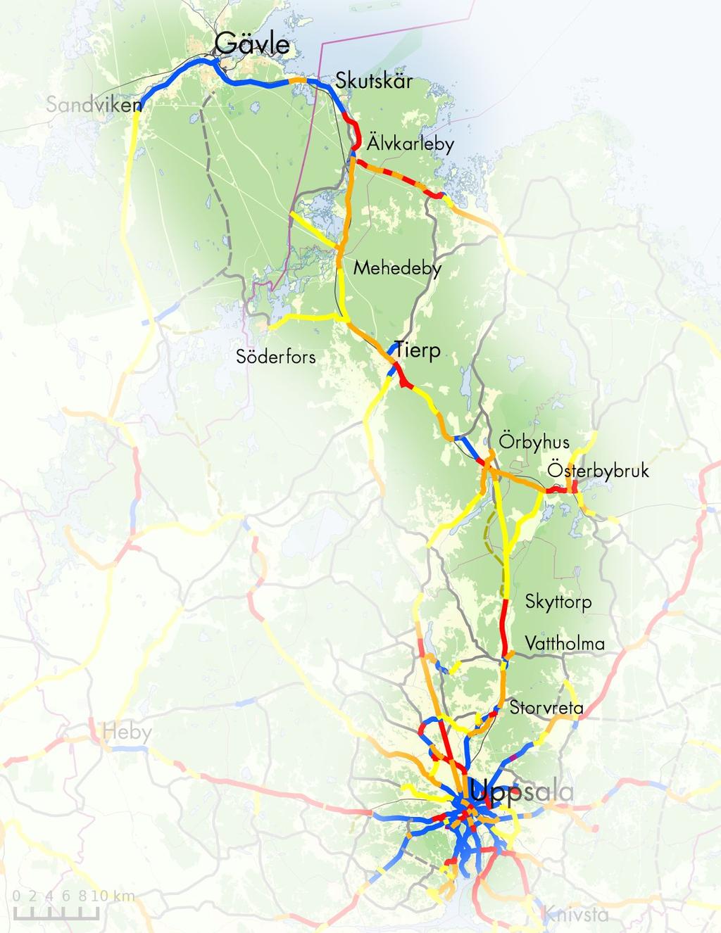 Uppsala-Skyttorp-Örbyhus-Gävle längs järnvägen Prio 1 Skyttorp, Tierp och Älvkarleby Prio 2-3 hela vägen