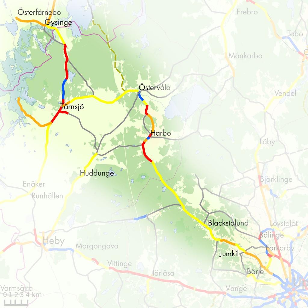 Uppsala-Jumkil och vidare mot Östervåla kring väg 272 Prio 1 Harbo-Östervåla Prio 2 Uppsala-Jumkil Prio 3 hela sträckan Väg 272 har mycket dålig cykelmiljö, särskilt nära Uppsala.