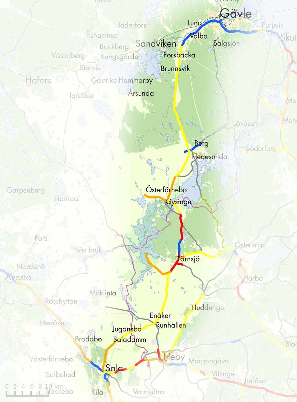 Sala-Gysinge-Gävle på banvall Prio 1 Tärnsjö-Gysinge Prio 3 hela sträckan Uppsala