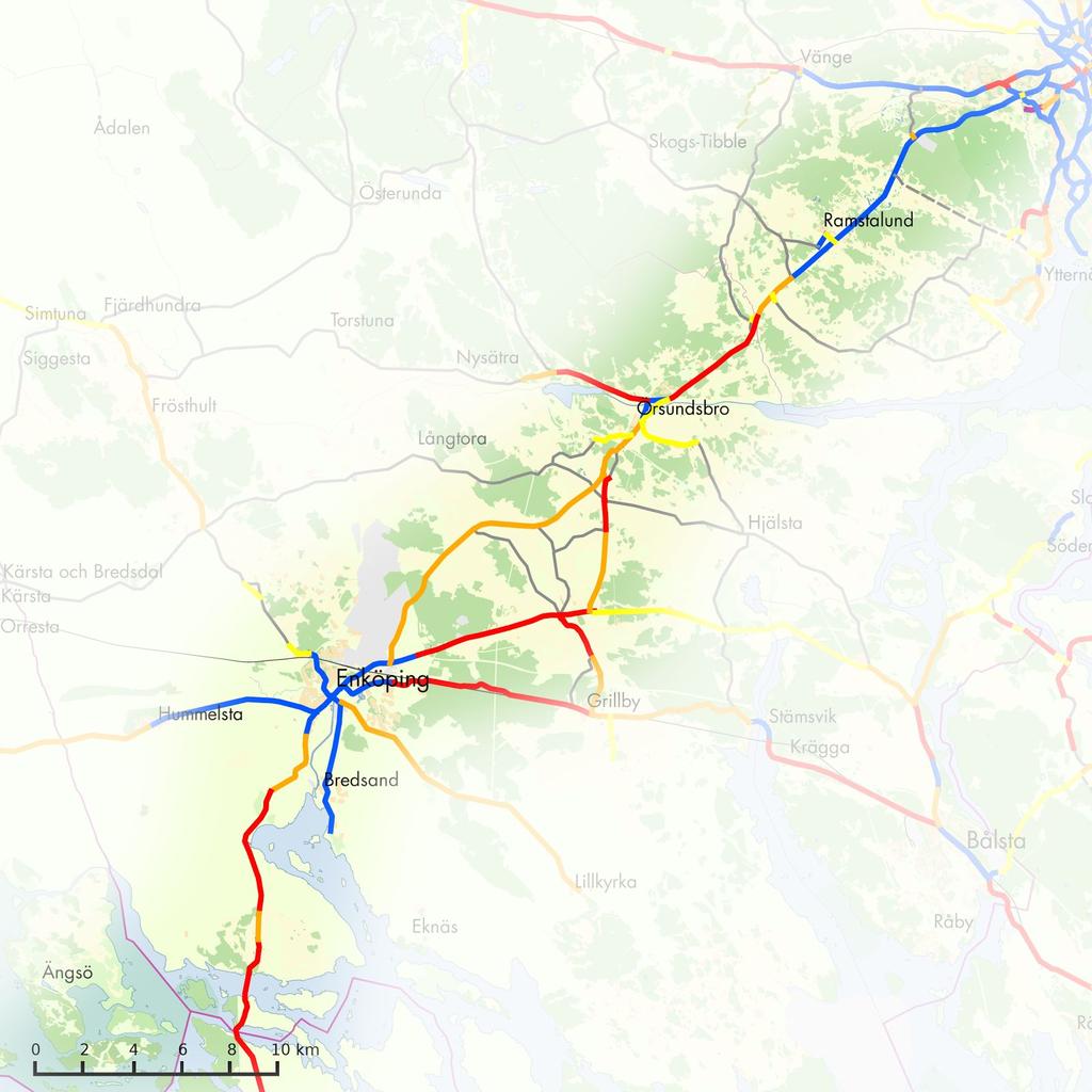 Uppsala-Enköping-Strängnäs kring väg 55 Prio 1-2 Vi föreslår att asfaltera befintlig cykelväg Uppsala-Säva, och komplettera den på gammal banvall till Örsundsbro med bra geometri.