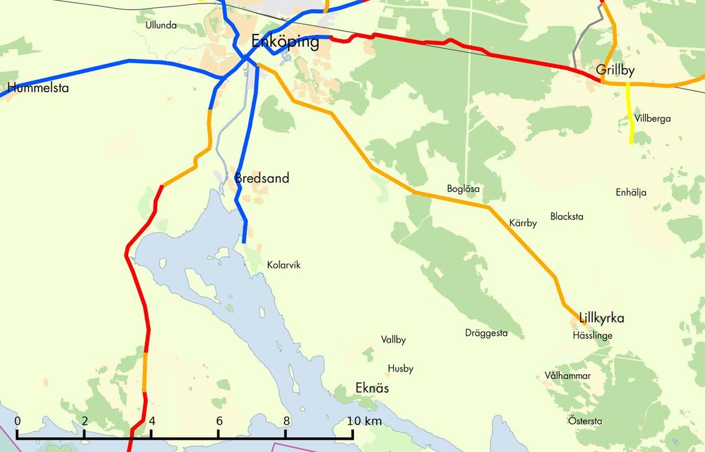 Enköping-Lillkyrka Prio 2 Sträckan Enköping-Lillkyrka har trafikvolymer som gör separerad cykelväg lämplig.