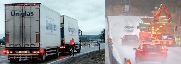 trafik som riskerar blåsa omkull cyklister. Personer som arbetar på dessa vägar (vägarbete, räddningstjänst) omfattas av stränga regler om påkörningsskydd och avspärrningar.