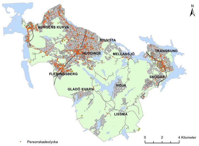 10 UNDERLAGSRAPPORT TILL TRAFIKSÄKERHETSPLAN FÖR HUDDINGE KOMMUN Figur 4. Karta över var olyckorna inträffar på det kommunala vägnätet i Huddinge kommun år 2014-2016.