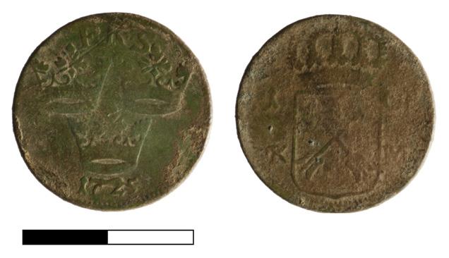 A 1 öre coin dating 1725 of King Fredrik I minted in Stockholm, found in Zuidermeer (23 mm, 3,89 gr). This is the youngest Swedish coins found in West-Frisia.