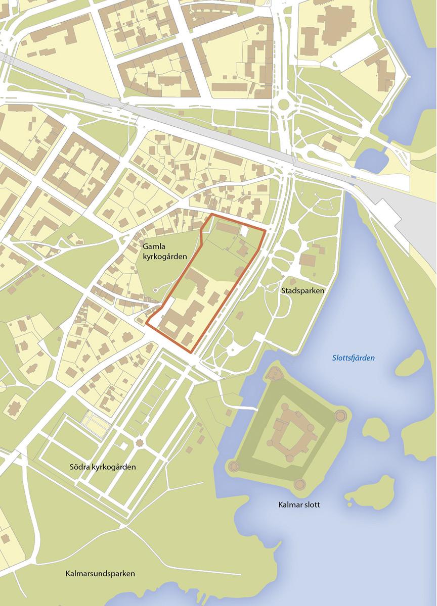 META 2017 Figur 1. Kvarteret Valnötsträdet markerat på ett utsnitt ur Fastighetskartan över Kalmar, det gamla stadsområdet.