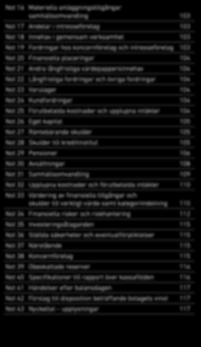 Finansnetto 97 Not 11 Bokslutsdispositioner 97 Not 12 Skatter 98 Not 13 Resultat per aktie 100 Not 14 Immateriella anläggningstillgångar 100 Not 15 Materiella anläggningstillgångar drift 101 Not 16