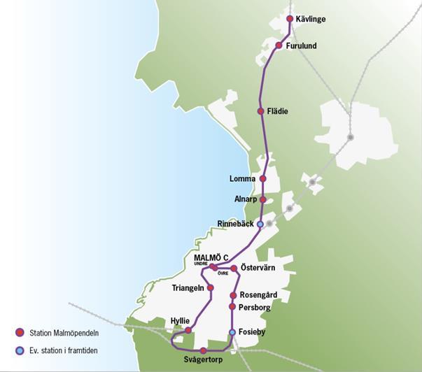 Malmö med tågstopp på ett antal stationer. Stationerna i östra Malmö ger de östra delarna direkt tillgång till det regionala tågsystemet. 3.