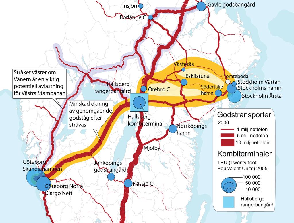 3.4 Godstrafik I delas en stor del av flödena upp på Västra Stambanan mot respektive vidare längs Godsstråket genom Bergslagen till Mjölby och Södra Stambanan mot Malmö.