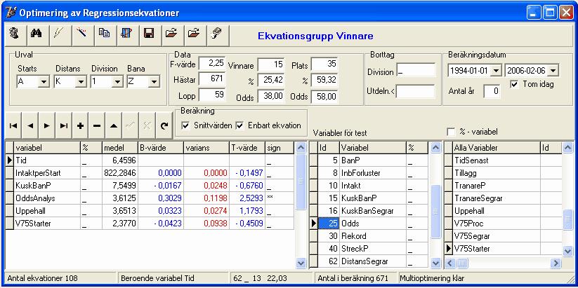 109 Travstatistik När vi trycker på OK i denna bild kommer programmet först att ta reda på den bästa variabeln bland dem vi valt med avseende på antal vinnare som variabeln ger när ekvationen