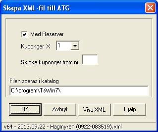 DataSystem 160 Klicka på knappen skapa XMLfil som öppnar dialogen där du tex kan välja om reserver ska ingå i systemet.