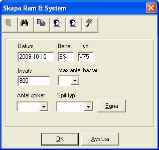 163 6.23 Travstatistik Skapa Ram&System Du kan skapa Ram och reducerat system direkt för rutinen Datasystem genom att välja Skapa Ram&System och ange den insats du tänker spela för.