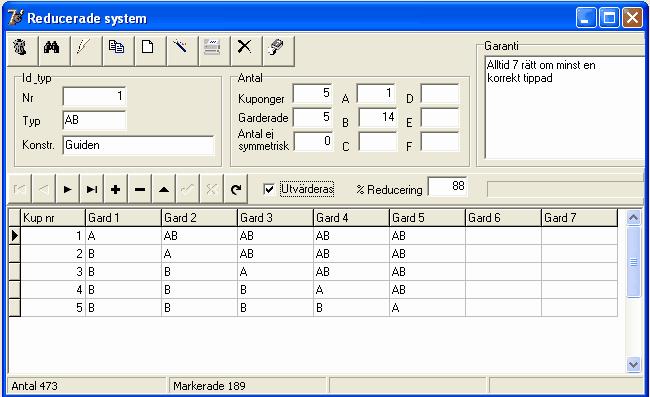 System 7.1 170 Reducerade system Programmet skriver ut traditionella reducerade system av typen AB, ABC med ända upp till ABCDEF grupper i systemen.