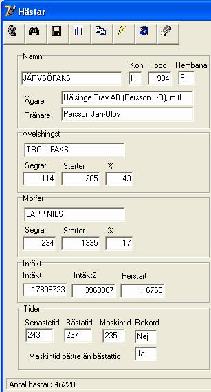 185 Travstatistik Sök häst Grafik för häst Tidigare starter Lopp Anteckningar Hemmabana för häst 8.1.1 Sök häst Sökfunktionen i hästregistret innehåller en ruta där du kan skriva början på hästnamnet.