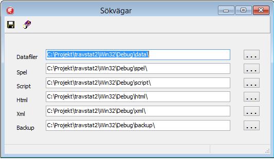 285 12.8 Travstatistik Dubletter i lopp Har förekommit. Om du ser dubletter av lopp i listan tidigare starter kan du rensa bort dessa med denna funktion. 12.9 Sökvägar Mapparna som finns under programkatalogen Data, Spel, Script, html, xml, backup kan man styra om till mappar som du själv väljer i denna funktion.