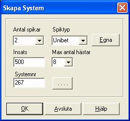 Program 66 Du kan också använda Skapa system för att enbart ta ut spikar med någon av de metoder som finns i comboboxen spiktyp.