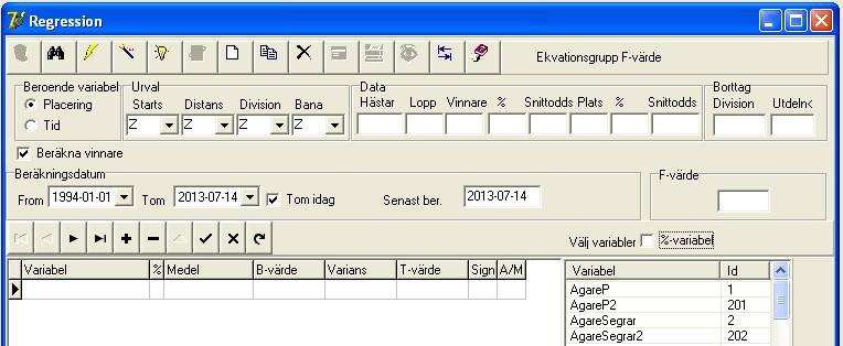 Program 5.6.3 84 Skapa ny ekvation När regressionbilden öppnas är kopplingen mot databasen stängd. Tryck därför på sökknappen och välj en ekvation för att öppna tabellerna i bilden.