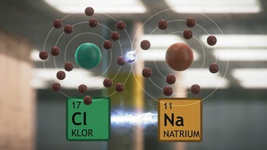 En kloratom kan ta upp en elektron och bilda en kloridjon med laddningen -1. En natriumatom kan avge en elektron och bilda en natriumjon med laddningen +1.