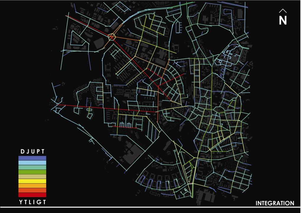 3. Space Syntax kartor över västra Lund I uppsatsen har en komparativ studie av Lunds västra del gjorts och en axialkarta utformades med hjälp av AutoCAD 2004 samt programmet Syntax 2D.