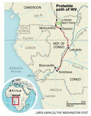 HIVs långa resa Kamerun och Belgiska Kongo HIVs vagga 1)Mellan Kamerun och tidigare Belgiska Kongo ; Sangha floden och