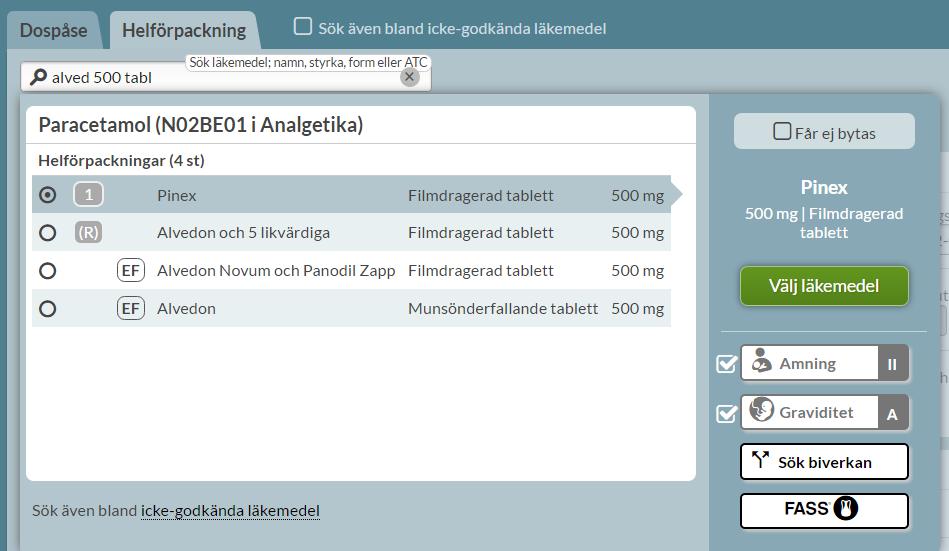 Träfflistan i fliken Dospåse visar endast alternativ utifrån dosapotekets dispenserbara sortiment men informerar om det finns alternativ som helförpackning under listan.