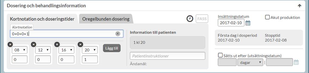 1,5x3 1,5 tablett 3 gånger dagligen Kan dosdispenseras 1,5x3/d 1,5 tablett 3 gånger per dygn Blir helförpackning 1x3/v 1 tablett 3 gånger per vecka Blir helförpackning 1x3/m 1 tablett 3 gånger per