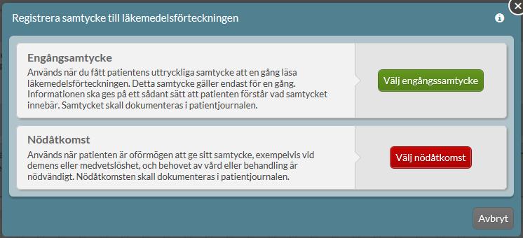 Förskrivare med personlig förskrivarkod, d.v.s. inte AT läkare och andra med gruppförskrivarkod, får upp följande bild med förklaring till de olika samtyckena.