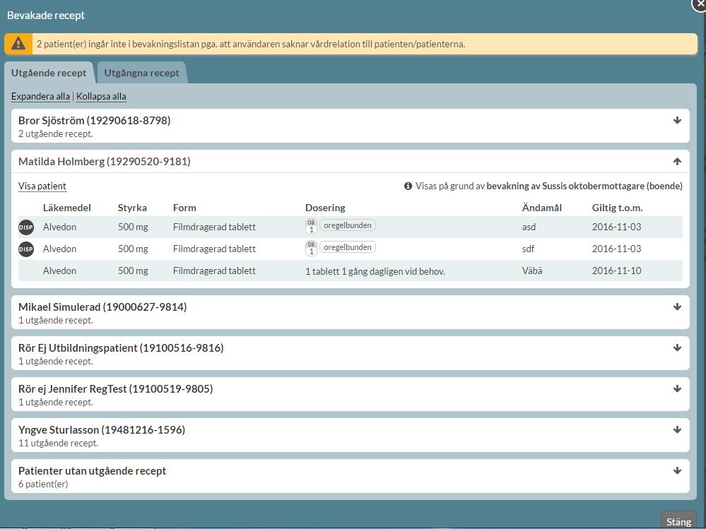 I den expanderade vyn kan du se mer detaljer om varje rad för patienten. Bland annat ser du om receptet är dispenserat genom en symbol längst ut till vänster.