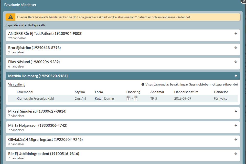I den expanderade vyn kan du se mer detaljer om varje rad för patienten.