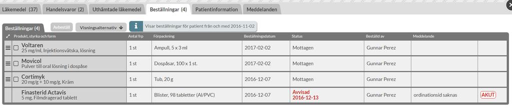 När du sökt fram en leveransadress kan du se alla beställningar som finns för den leveransadressen mot ett dosapotek oavsett vem som skapat beställningen.