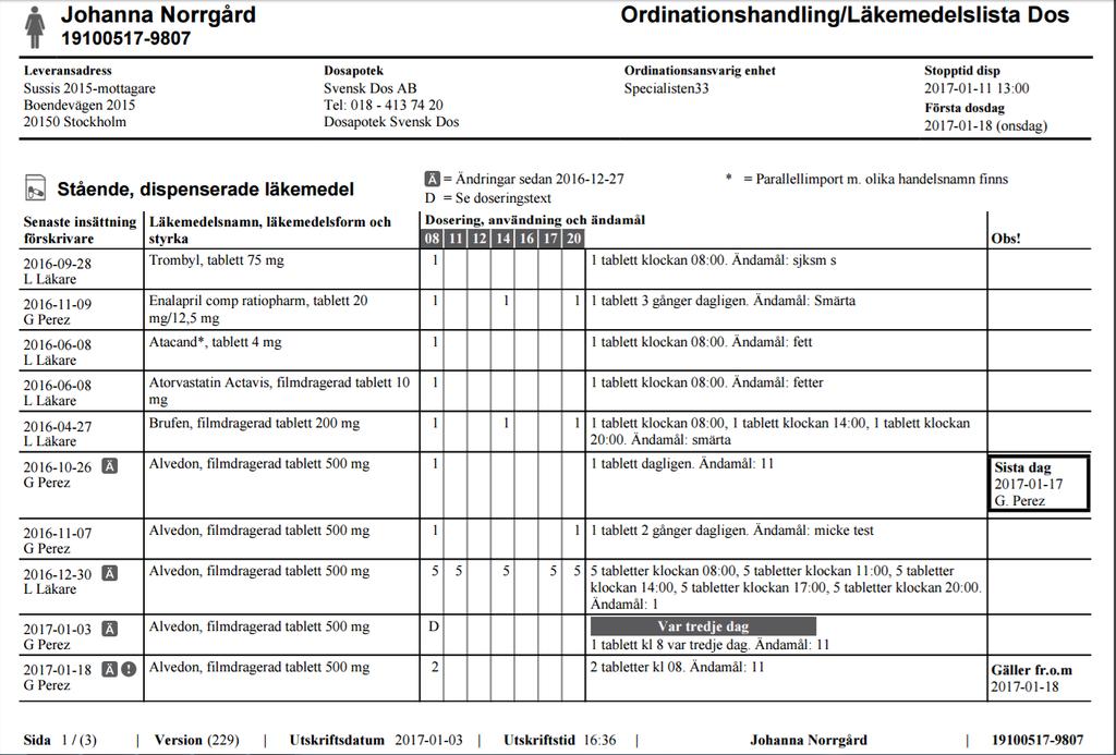 Raden visar: Insättningsdatum och förskrivare; visar det nuvarande receptets insättningsdatum och är alltså samma datum som visas i Pascal och på förteckning recept/dosreceptet.