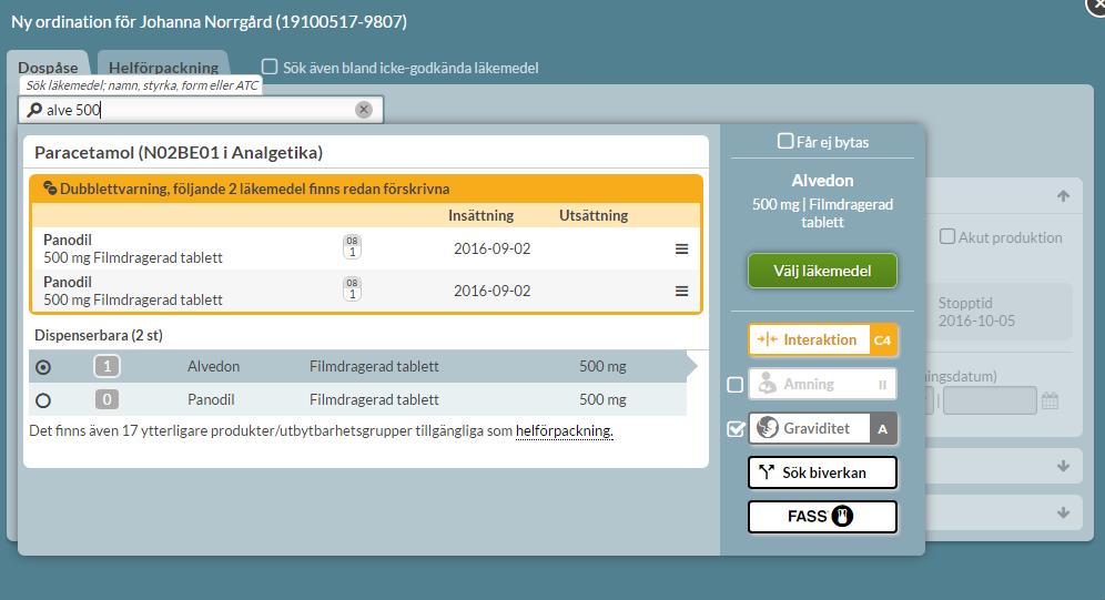 Här kan du välja att åtgärda befintliga dubbletter eller trycka på knappen Välj läkemedel eller dubbelklicka på