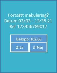 5.6 Ta bort den senaste betalningen Notera: Endast den föregående betalningen kan makuleras Förklaring Välj kod 321 från taxametern Tryck K, och C30 skriver ut en rättelsebegäran, välj antingen [L] =