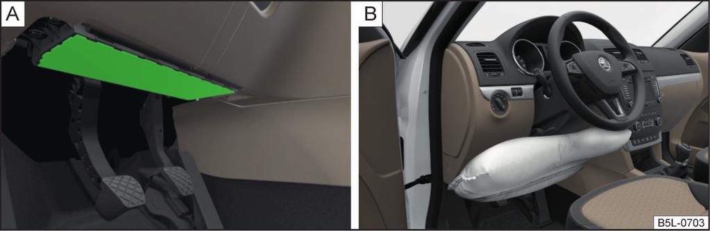 Knäairbag för förare Bild 10 Placering av airbags/gasfylld airbag Bild 11 Säkert avstånd till instrumentpanelen Ställ in förarstolen i längdriktningen så att avståndet från benen B till