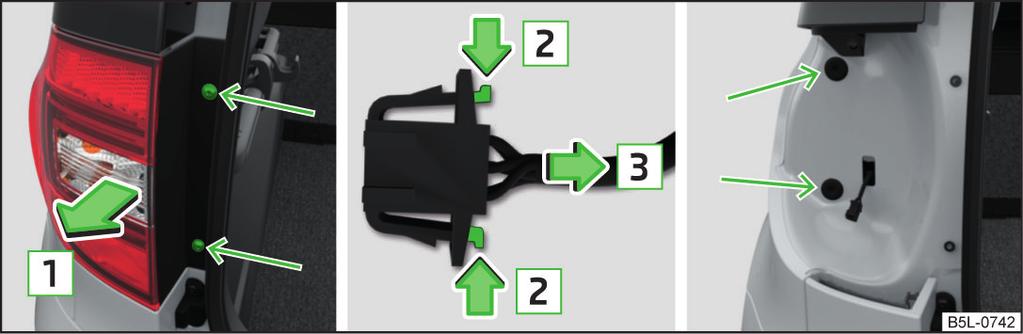 Bakljus Byte av glödlampor till bakljuset Bild 193 Ta ut lampa/dra ur kontakt Läs och beakta först och på sidan 204. Bild 194 Inre del av lampa: Grundljus Demontering Öppna bagageluckan.