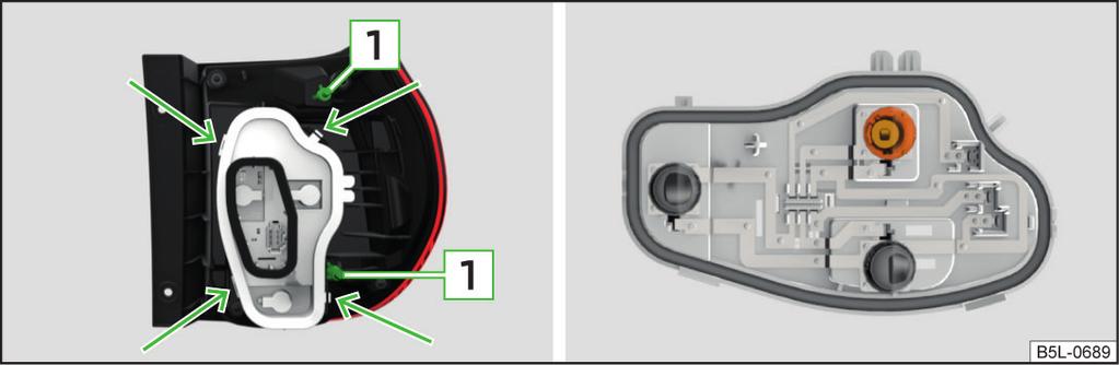 Skruva fast lampan med fästskruvarna» bild 193. Bild 195 Inre del av lampa: Lampa med LED-dioder Läs och beakta först och på sidan 204.