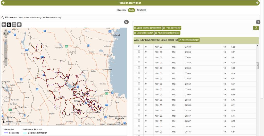 6.3 Sök sträckor resultat i karta och tabell Sökresultatet visas i form av en karta med markering av de sträckor som stämmer med sökvillkoret. Samma sträckor presenteras i tabellform.
