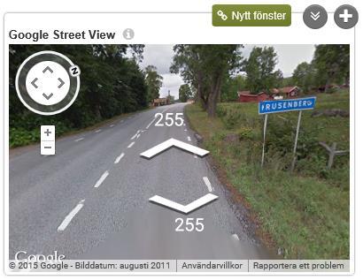 Google streetview kan användas för att se bild från en specifik punkt. Den finns att välja under fotot och öppnas via klick på dubbelpilen.