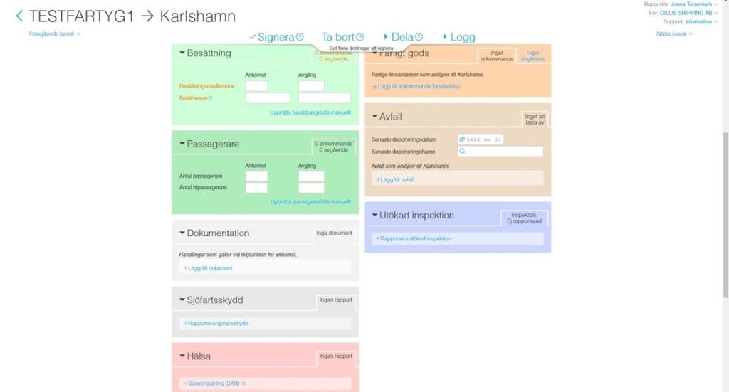 Användarguide 11 Besättningsuppgifter Under del två rapporteras besättning, passagerare, dokumentation,