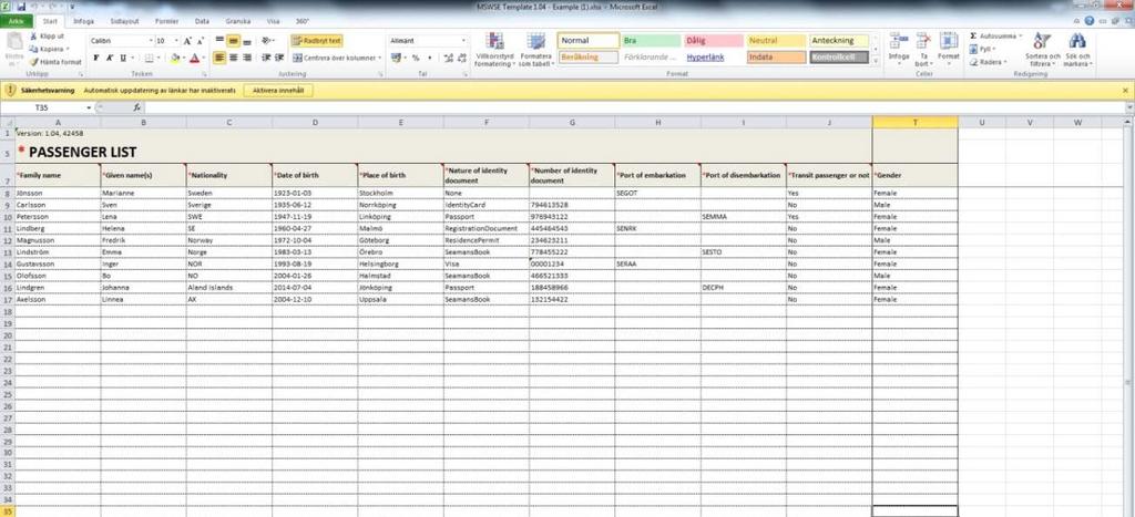 Du kan ladda ner en tom mall samt en mall med exempeldata som visar i vilket format