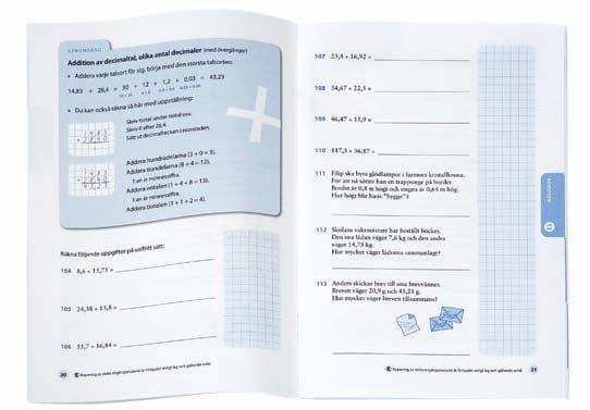 Tydliga genomgångar steg för steg med tillhörande övnings uppgifter av de grundläggande färdigheterna i addition, subtraktion, multiplikation och division var för sig.