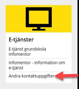 Uppdatera uppgifter om mobilnummer och e-post På skolans hemsida hittar du denna puff på höger sida: Genom att klicka på Ändra kontaktuppgifter kan du logga in med e- legitimation och