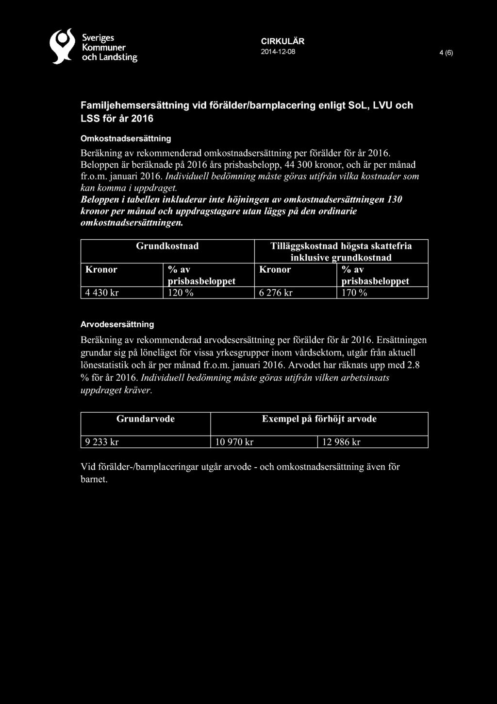 CIRKULÄR 2014-12 - 08 4 ( 6 ) Familjehemsersättning vid förälder/barnplacering LSS för år 2016 enl igt SoL, LVU och Omkostnadsersättning Beräkning av rekommenderad omkostnadsers ättning per förälder