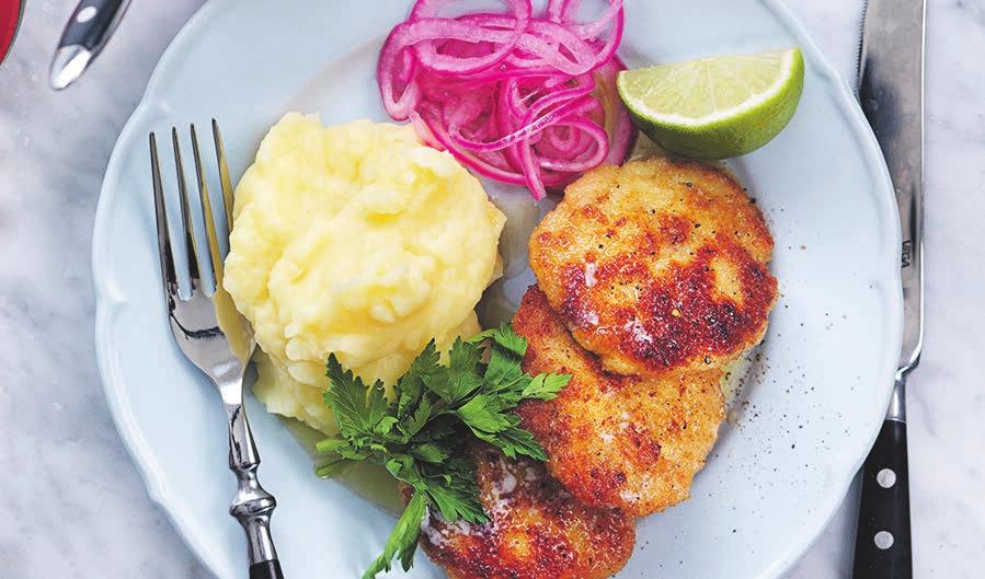 RECEPT 1 30 min 656kcal/port Fett 12 g Kolhydrater 100 g Protein 35 g Panerade fiskbiffar med picklad rödlök Saftiga fiskbiffar med potatismos.