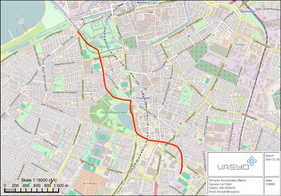 Korrebäckens sträckning genom Malmö. Gårdarna i staden hade egna brunnar eller så hämtade man vatten nere vid Korrebäcken.