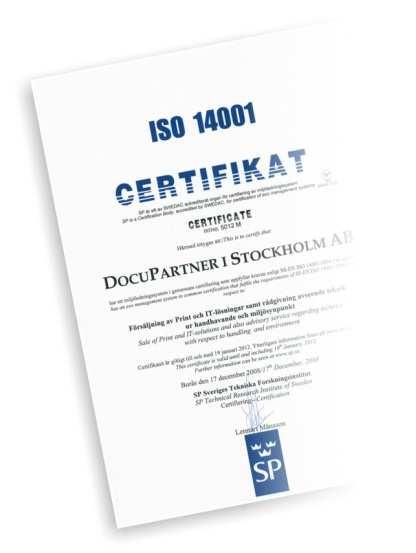 DocuPartner vad vi gör internt ISO 14 001 DocuPartnersmiljölednings-system är sedan 2008 certifierat enligt ISO 14001.