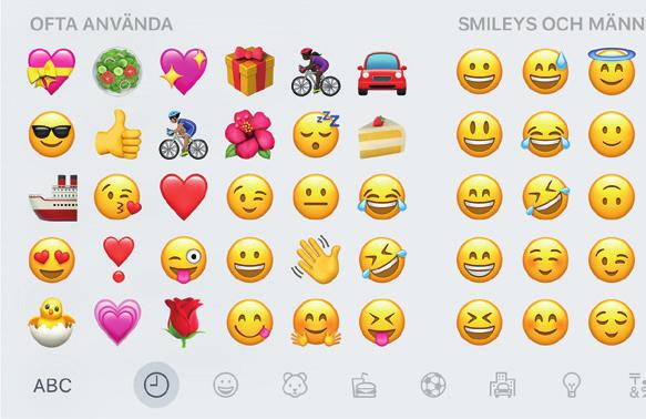 Växla emoji-tema med de grå symbolerna längst ned eller svep till vänster eller höger för att se ﬂer. Tryck på klocksymbolen för att se de emojis du oftast använder.