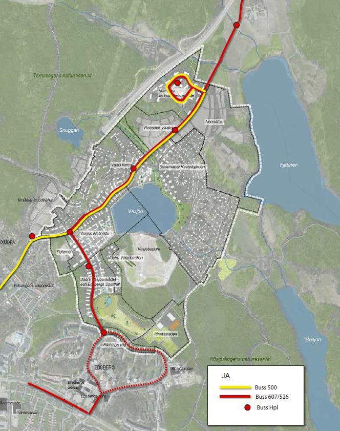 Figur 2. Trafikering av bussar i jämförelsealternativet 2030 ingen linbana. Källa: Trafikförvaltningen.