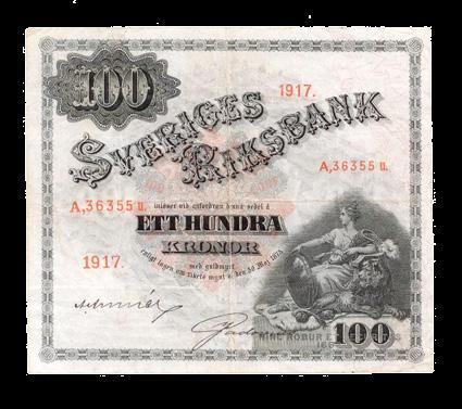 1+ 1 500 182 100 kronor 1921. M,46261 d. SF 4. Delvis missfärgad. 1? 300 183 100 kronor 1927.