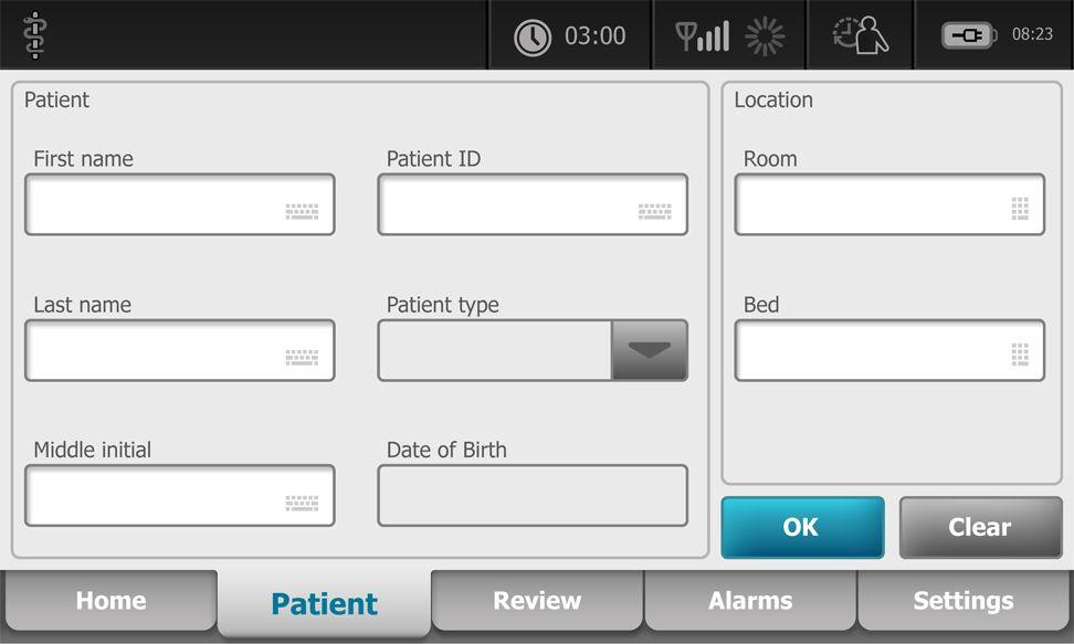 44 Hantering av patientdata Connex Spot-monitor 1. Tryck på fliken Patient. 2. Tryck på i valfritt fält och ange sedan patientinformationen. 3.