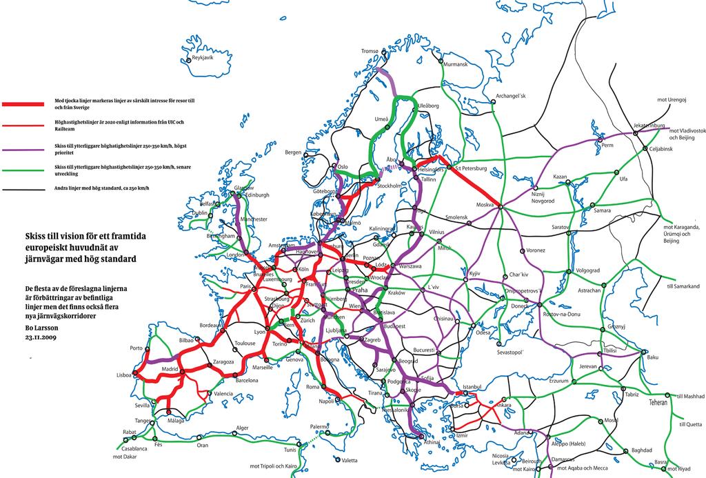 Figur 1: Skiss över vision för ett framtida europeiskt huvudnät av järnvägar. Grafik: Bo Larsson, 2009.